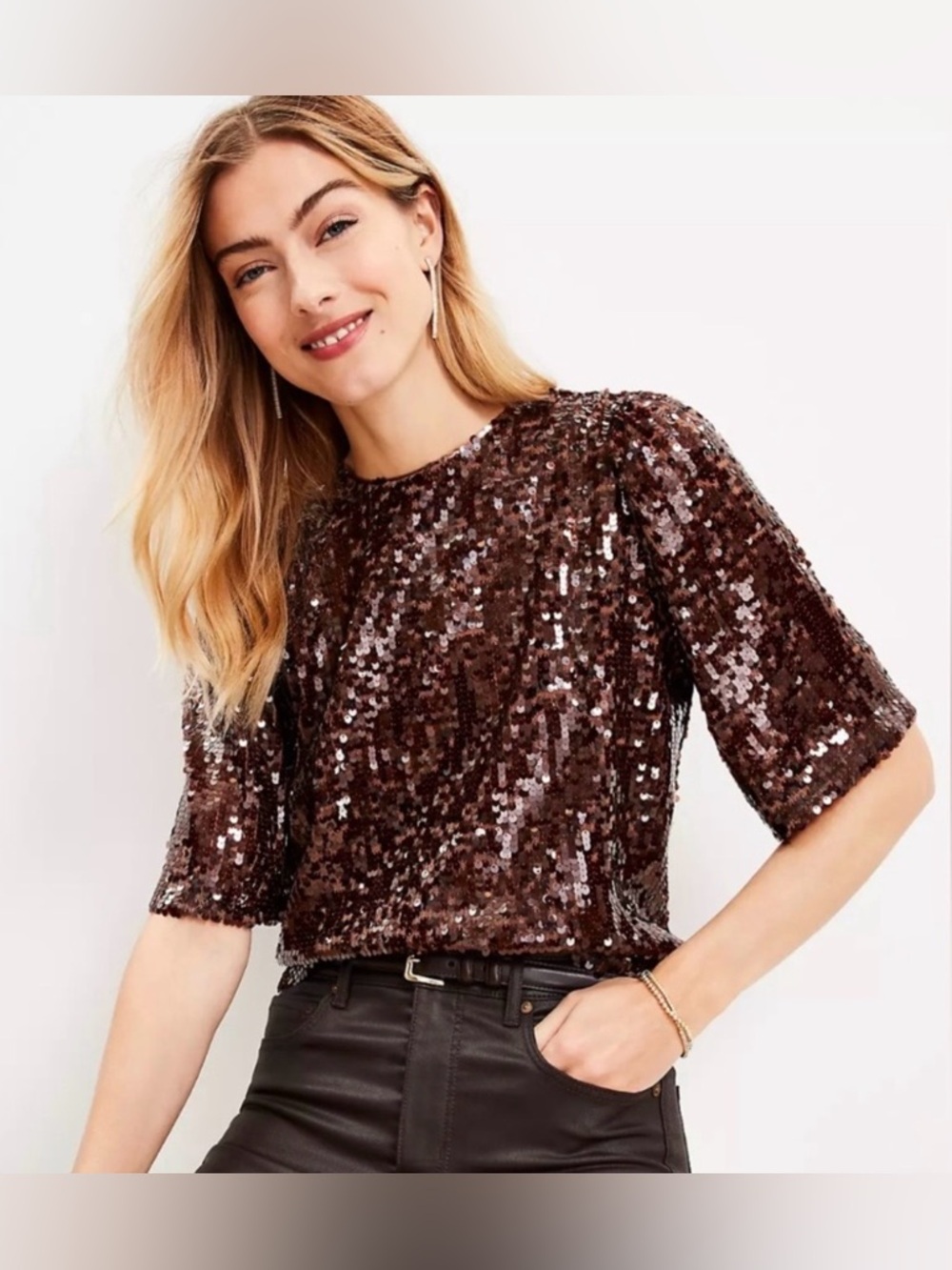 Loft Brown Sequin Short Sleeve Top NWT